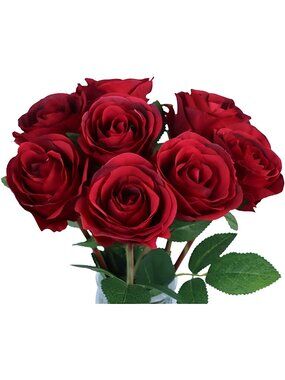 Artificial Roses Flowers with 8 Heads for Flower Arrangement (Red, 8)